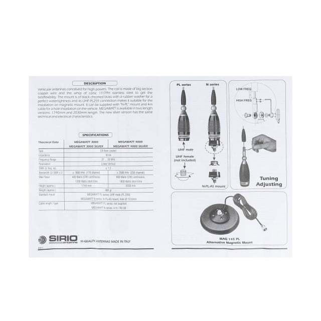 Antena CB Sirio Megawatt 3000 PL, 173.5cm Cod 2211505.05 fara cablu
