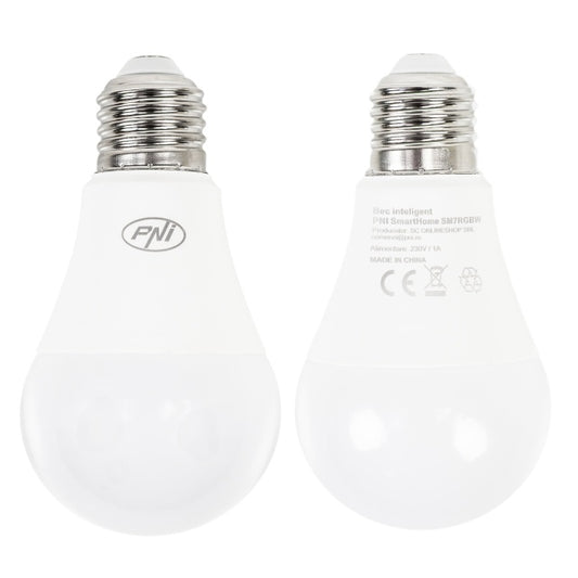 Bec inteligent PNI SmartHome SM7RGBW LED 7W lumina RGBW reglabila, programabil WiFi, control prin internet, App Tuya Smart, compatibil Amazon Alexa si Google Home