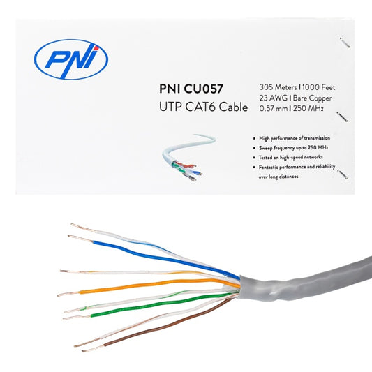 Cablu UTP CAT6 PNI CU657 la metru, cu 4 perechi de fire torsadate din Cupru 0.57 mm, pentru internet si sisteme de supraveghere