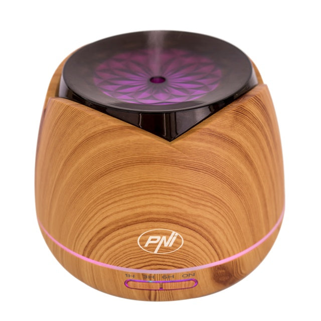 Difuzor aromaterapie PNI HU180 pentru uleiuri esentiale, cu ultrasunete, 400 ml, timer, 7 culori LED, inchidere automata, Wood Grain