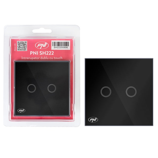 Intrerupator dublu cu touch PNI SH222 din sticla, negru cu LED indicator, 10A, 2X200W