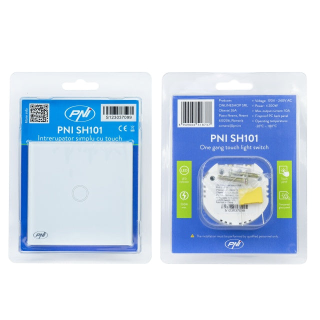 Intrerupator simplu cu touch PNI SH101 din sticla, alb cu LED indicator