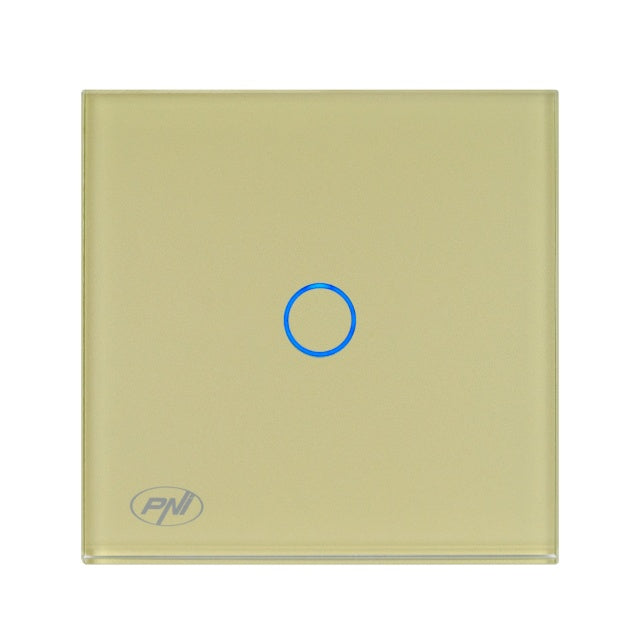 Intrerupator simplu cu touch PNI SH101G din sticla, Gold cu LED indicator culoare auriu