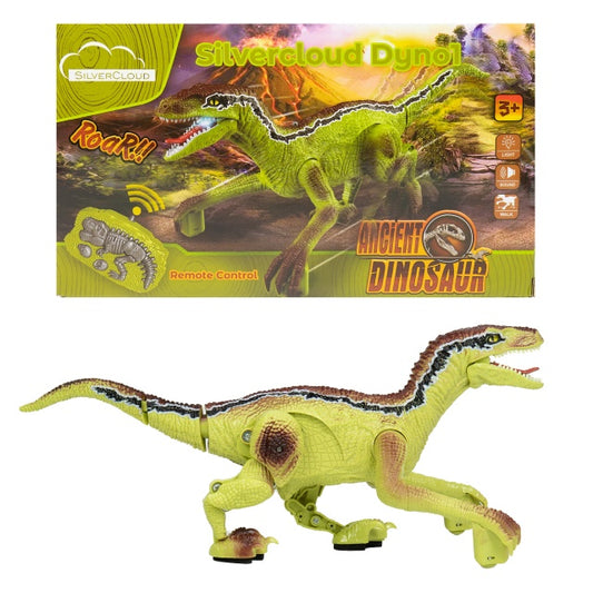 Jucarie dinozaur Silvercloud Dyno1 cu telecomanda, emite 4 tipuri de sunete, mers inainte si inapoi, LED, acumulator incorporat 500mAh