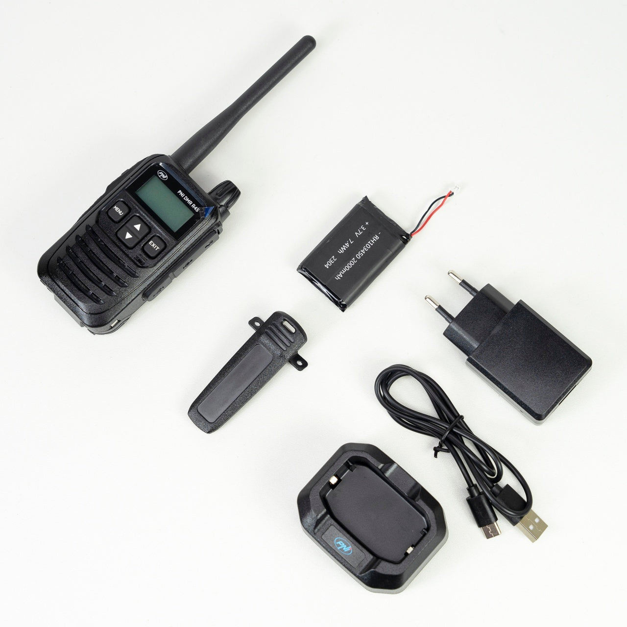 Kit 4 statii radio portabile PNI DMR R45, digital si analogic, 446MHz, 16 canale digitale si 99 canale analogice, functie inregistrare voce, baterie Li-Ion 2000mAh