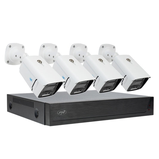 Kit supraveghere video PNI House IPMAX POE 3LR, NVR cu 4 porturi POE si 10 in retea, ONVIF si 4 camere cu IP 3MP, de exterior, Power over Ethernet, detectie chip, detectie miscare, 4 cabluri, alimenta