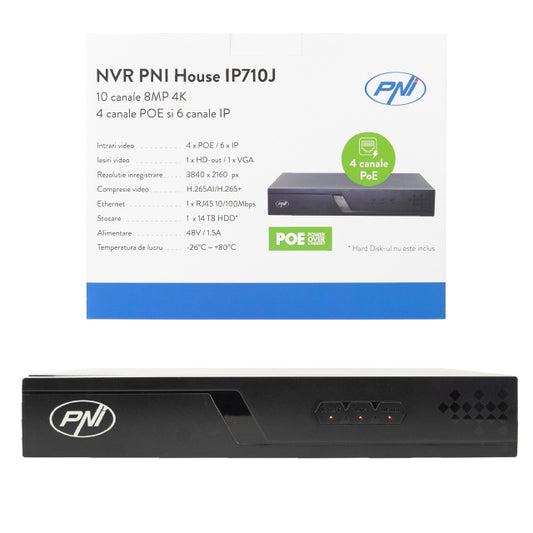 NVR POE PNI House IP710J, 10 canale 4K 8MP, 4 canale POE si 6 canale IP cu switch PNI POE sau normal H.265