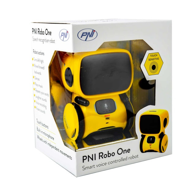 Pachet Robot inteligent interactiv PNI Robo One, control vocal, butoane tactile, galben + Casti Midland Subzero Cod C936.19