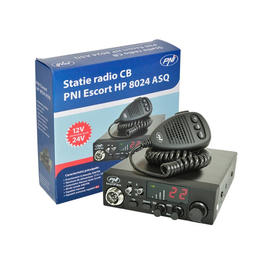 Pachet statie radio CB PNI ESCORT HP 8024 ASQ, 12-24 V, 40 canale,4W + Antena CB PNI ML70 cu magnet