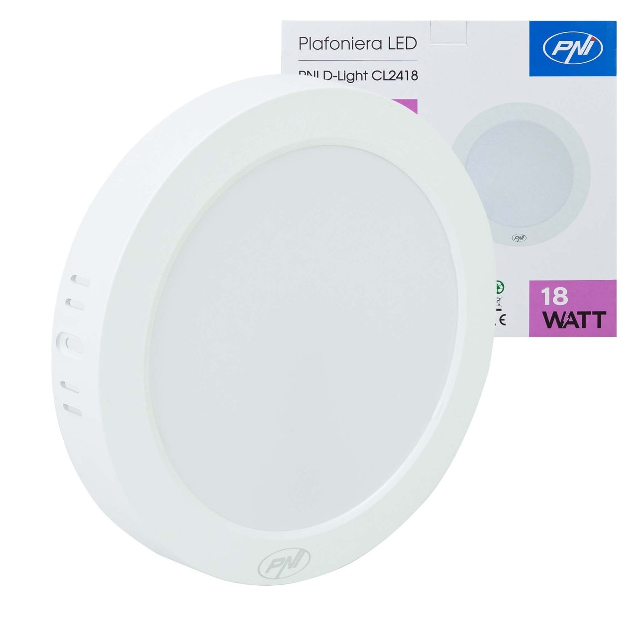 Plafoniera LED PNI D-Light CL2418 18W, rotunda 21.7 cm, 6400K, 230V, 1980 lm, alb rece