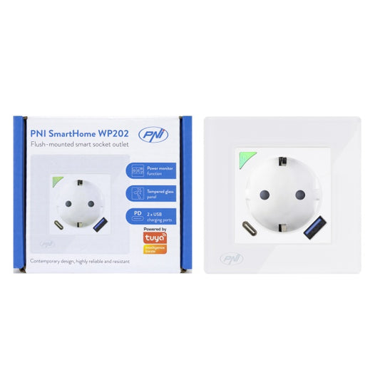 Priza inteligenta PNI SmartHome WP202 WiFi, montaj ingropat, control prin internet, aplicatie dedicata Tuya Smart, compatibila Amazon Alexa si Google Home