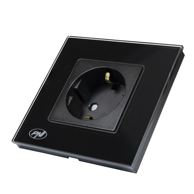 Priza simpla incastrabila PNI WP101B, cu rama din sticla, 16A, 3700W, 230V, negru