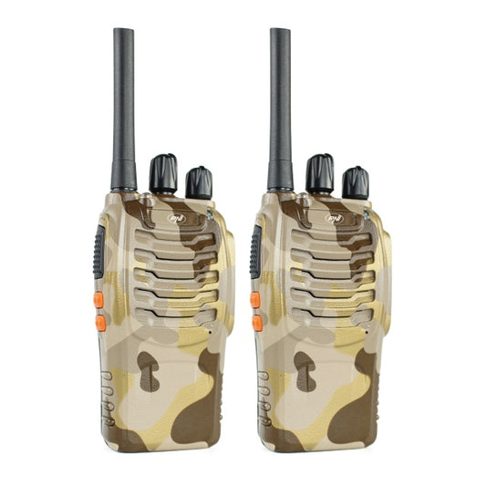 Statie radio portabila PNI PMR R40 Camo, set cu 2 buc, 0.5W, 16 canale programabile, 16 PMR si tonuri 50 CTCSS si 104 DCS, ASQ, TOT, monitor, programabila, acumulatori 1200mAh, incarcatoare si casti i