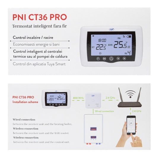 Termostat inteligent PNI CT36 PRO fara fir, WiFi 2.4GHz, control prin Internet APP TuyaSmart, regim iarna-vara, pentru centrale termice