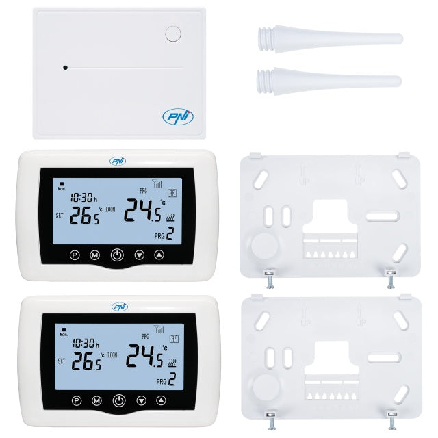 Termostat inteligent PNI CT400 fara fir, cu WiFi, controleaza 1 centrala si 2 zone diferite, parter etaj prin Internet, pentru centrale termice, pompe, electrovalve, APP TuyaSmart, histerezis 0.2 grad
