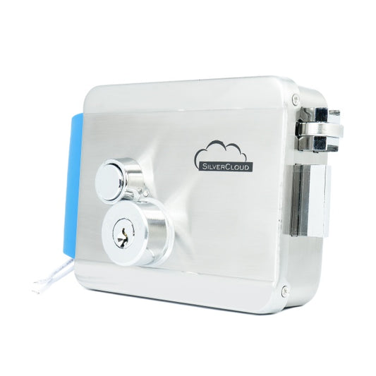 Yala electromagnetica SilverCloud YE910, 12V, din inox, cu butuc dublu si buton, Fail Secure NO, compatibila cu sisteme de control acces