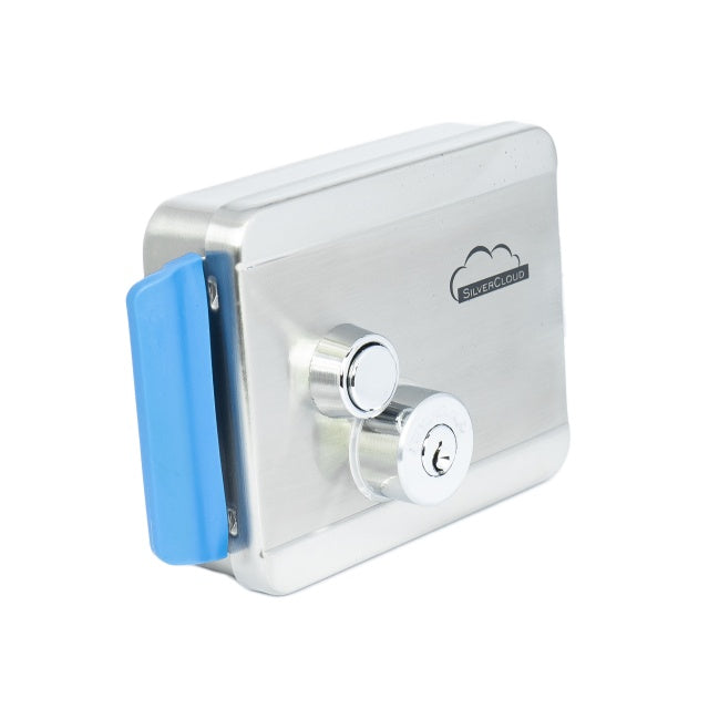 Yala electromagnetica SilverCloud YE910, 12V, din inox, cu butuc dublu si buton, Fail Secure NO, compatibila cu sisteme de control acces