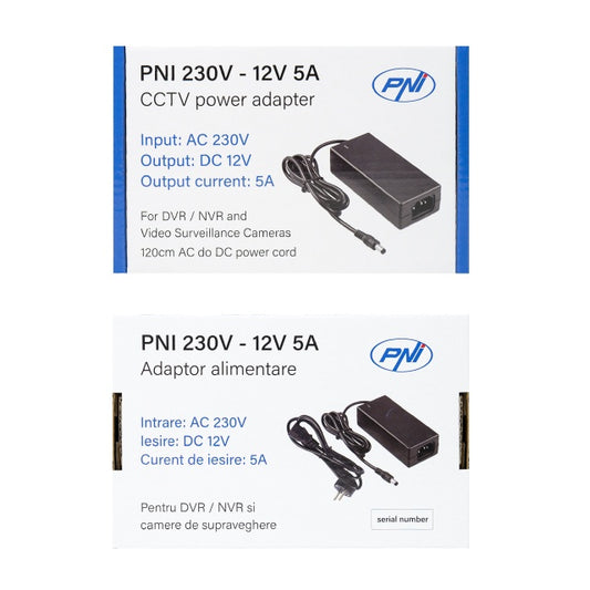 Alimentator PNI CCTV 230V, intrare 230V, iesire 12V, 5A, 2 metri, negru