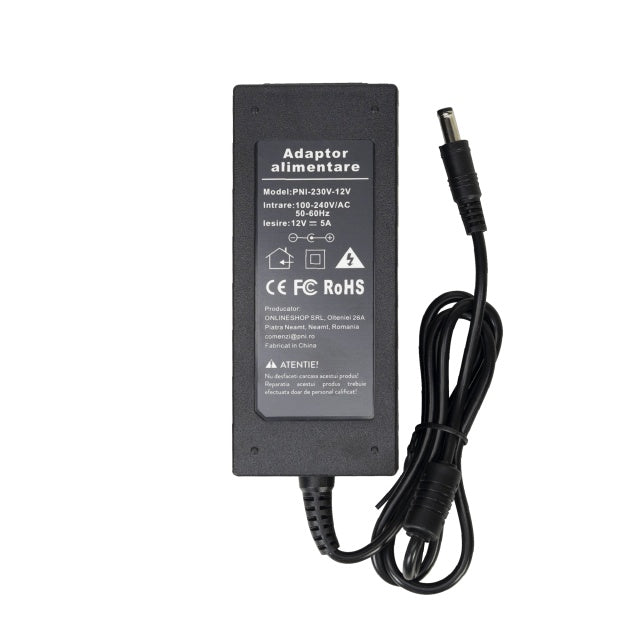 Alimentator PNI CCTV 230V, intrare 230V, iesire 12V, 5A, 2 metri, negru