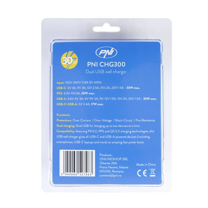 Alimentator PNI CHG300 cu port USB C, QC3.0, PD3.0, PPS si port USB-A, 30W
