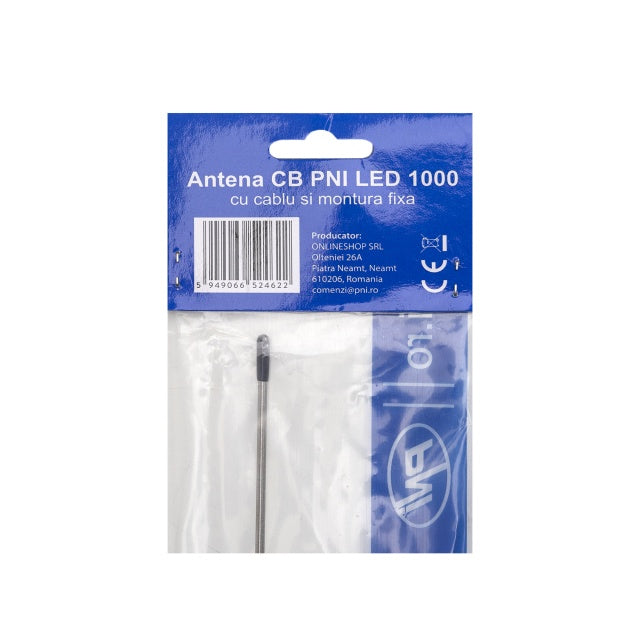 Antena CB PNI LED 1000 rabatabila, 80 cm lungime, cu cablu si montura fixa tip fluture, 26-30 MHz, 300 Watt, ilumineaza in timpul emisiei