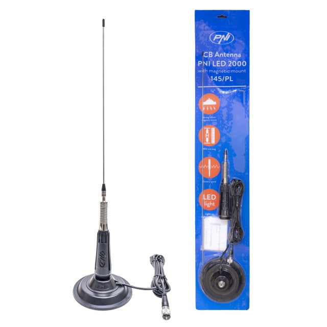 Antena CB PNI LED 2000, 90 cm, cu baza magnetica 145mm, 26-28 MHz, 500 Watt, ilumineaza in timpul emisiei