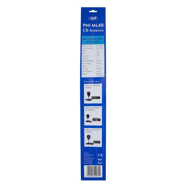 Antena CB PNI ML40, lungime 57 cm, cu adaptor filetat tata-tata M6 la M5 inclus