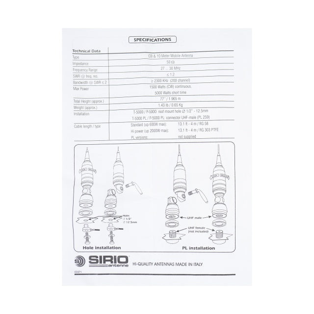 Antena CB Sirio Performer 5000 PL, 196.5cm fara cablu
