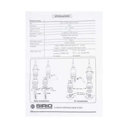 Antena CB Sirio Performer 5000 PL, 196.5cm fara cablu