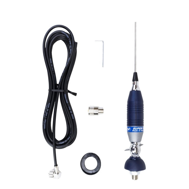 Antena CB Sirio SUPER 9 cu fluture, lungime 155 cm, 27 - 28.5 MHz, 250W, montura, cablu RG58 de 4m si mufa PL259 incluse