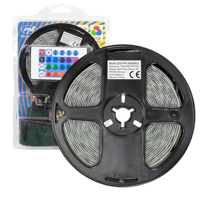 Banda LED PNI 2835RGB, RGB, IP65, silicon, lungime 5 metri, cu telecomanda, alimentator 230 V, dimabil, jocuri de lumini, 270 LED-uri tip 2835, 12W