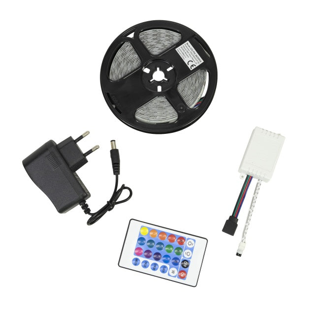 Banda LED PNI 2835RGB, RGB, IP65, silicon, lungime 5 metri, cu telecomanda, alimentator 230 V, dimabil, jocuri de lumini, 270 LED-uri tip 2835, 12W