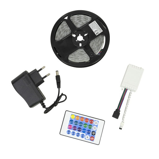 Banda LED PNI 2835RGB, RGB, IP65, silicon, lungime 5 metri, cu telecomanda, alimentator 230 V, dimabil, jocuri de lumini, 270 LED-uri tip 2835, 12W