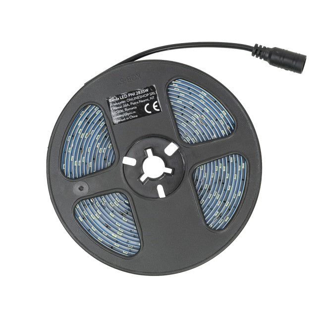 Banda LED PNI 2835W, 300 LED-uri, alb rece 6000K, 860lm, dimabil, buton touch, alimentator 230V, silicon, 5 metri, IP65