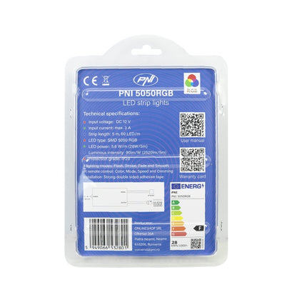 Banda LED PNI 5050RGB, 300 LED-uri, RGB, dimabil, jocuri de lumini, 5 metri, IP20, telecomanda, alimentator 230V inclus