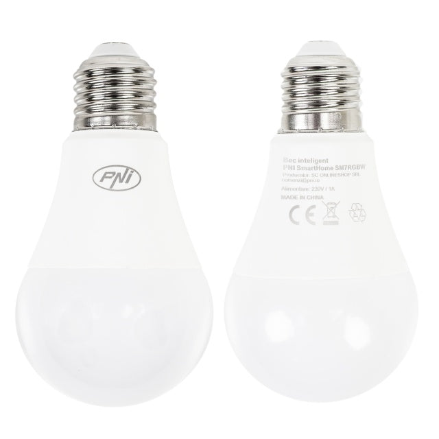Bec inteligent PNI SmartHome SM7RGBW LED 7W lumina RGBW reglabila, programabil WiFi, control prin internet, App Tuya Smart, compatibil Amazon Alexa si Google Home