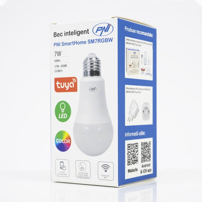 Bec inteligent PNI SmartHome SM7RGBW LED 7W lumina RGBW reglabila, programabil WiFi, control prin internet, App Tuya Smart, compatibil Amazon Alexa si Google Home
