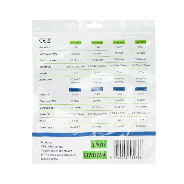 Cablu de retea plat S/STP CAT7 PNI U7015W, Patch, 2 x RJ45, 4 perechi de fire, 32AWG, cupru, 10 Gbps, 600 MHz, 1.5m, alb