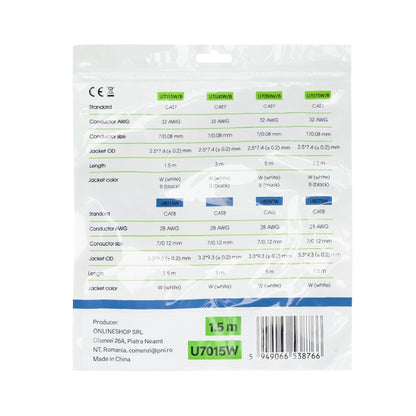 Cablu de retea plat S/STP CAT7 PNI U7015W, Patch, 2 x RJ45, 4 perechi de fire, 32AWG, cupru, 10 Gbps, 600 MHz, 1.5m, alb
