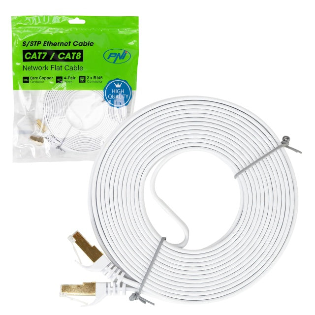 Cablu de retea plat S/STP CAT7 PNI U7075W, 2 x RJ45, 4 perechi de fire, 32AWG, cupru, 10 Gbps, 600 MHz, 7.5m, alb