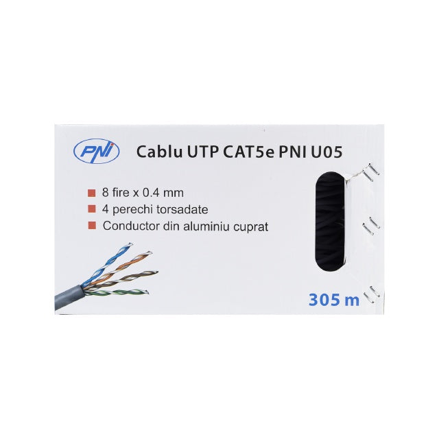 Cablu UTP CAT5e PNI U05 cu 4 perechi de fire torsadate 0.40 mm CCA, pentru internet 1 Gigabit si sisteme de supraveghere, rola 305m