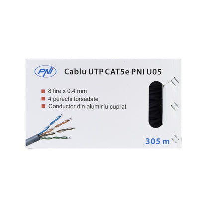 Cablu UTP CAT5e PNI U05 cu 4 perechi de fire torsadate 0.40 mm CCA, pentru internet 1 Gigabit si sisteme de supraveghere, rola 305m