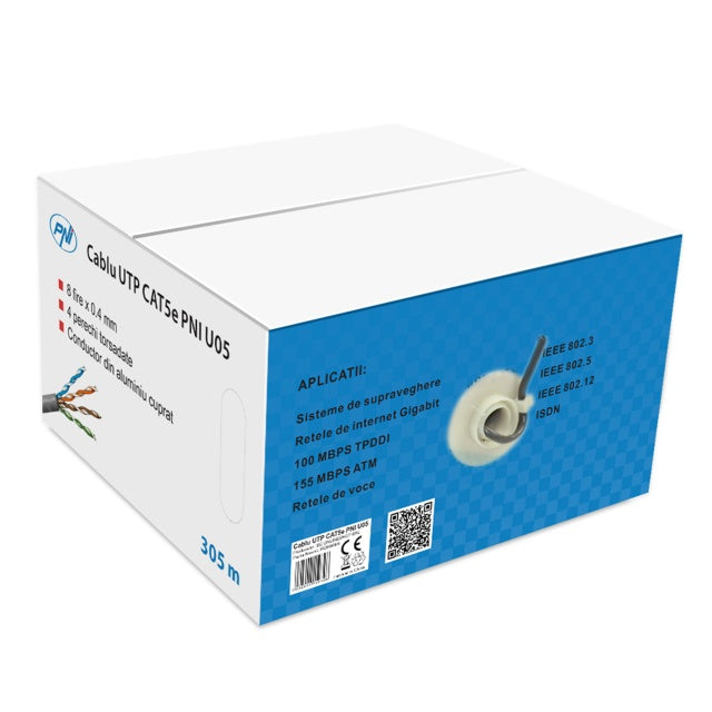 Cablu UTP CAT5e PNI U05 cu 4 perechi de fire torsadate 0.40 mm CCA, pentru internet 1 Gigabit si sisteme de supraveghere, rola 305m