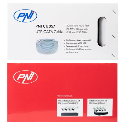 Cablu UTP CAT6 PNI CU057 din Cupru 0.57mm cu 4 perechi pentru internet si sisteme de supraveghere, rola 305m