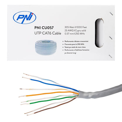 Cablu UTP CAT6 PNI CU657 la metru, cu 4 perechi de fire torsadate din Cupru 0.57 mm, pentru internet si sisteme de supraveghere