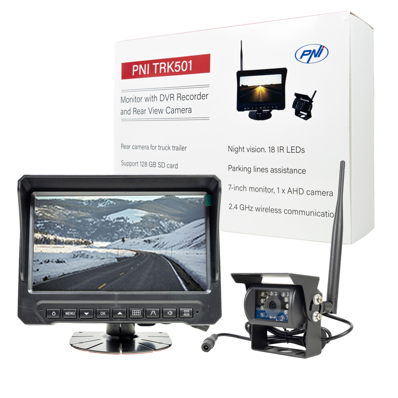 Camera de mers inapoi si monitor LCD wireless PNI TRK501 cu functie DVR, slot card micro SD, LED-uri IR, pentru camion
