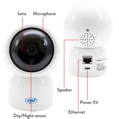 Camera supraveghere video PNI IP390T 1080P cu PTZ WiFi H264+ suporta microSD 128GB, Night Vision, aplicatia Tuya, P2P, Android, iOS, pentru interior, rotire dupa miscare, alarma la miscare