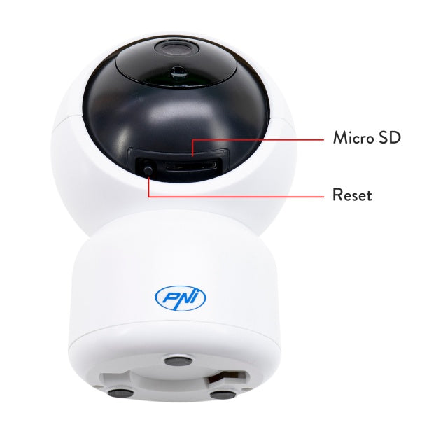 Camera supraveghere video PNI IP390T 1080P cu PTZ WiFi H264+ suporta microSD 128GB, Night Vision, aplicatia Tuya, P2P, Android, iOS, pentru interior, rotire dupa miscare, alarma la miscare