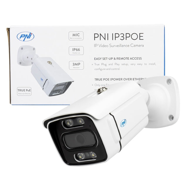 Camera supraveghere video PNI IP3POE cu IP, 3MP, de exterior IP66, microfon incorporat, compatibila cu sistemul de supraveghere POE PNI House IPMAX POE 3 si PNI House IPMAX POE 3LR