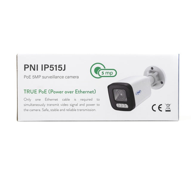 Camera supraveghere video PNI IP515J POE, bullet 5MP, 2.8mm, pentru exterior, audio bidirectional, alb